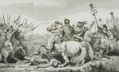 Theodoric surmataan Attilaa vastaan käydyssä taistelussa Chalonsin lähellä, Colartin "Histoire de France" -teoksesta, julkaistu noin vuonna 1840.