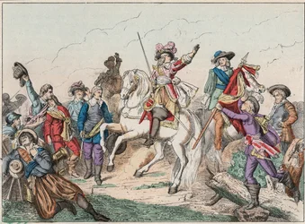 Kolmikymmenvuotinen sota (1618-1648): Bourbon Conden (Bourbon-Conde) prinssi Ludvig II, joka tunnetaan nimellä Grand Conde (1621-1686), Enghienin herttua tervehtii Fontainen kreivin ruumista Rocroin taistelussa (Rocroy) espanjalaisia vastaan 19. toukokuuta