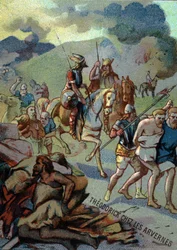 Théoderick, Clovisin vanhin poika, Arvernesissa (Auvergne) (532-533). Kromolitografia sarjasta "" Isänmaallinen kasvatus kuvan kautta"".