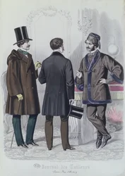 Kolme tyylikästä nuorta miestä, joulukuu, 1856 (värikaiverrus)