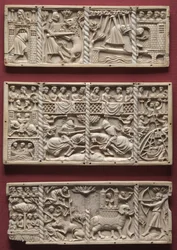 Kolme paneelia arkista ja kohtauksia hoviromaaneista, n. 1330-1350