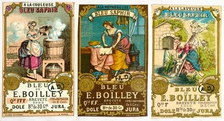 Kolme etikettiä Bleu de E. Boilley -merkkiiselle pesujauheelle, 1878