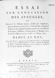Nimisivu Valentin Hauyn (1745-1822) esseelle sokeiden kasvatuksesta, julkaistu vuonna 1786 (kaiverrus) (valkoinen kuva)