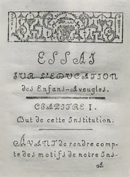Nimisivu Valentin Hauyn (1745-1822) vuonna 1786 julkaistuun kirjaan Essai sur leducation des aveugles