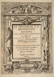 Nimisivu, teoksesta The Diverse Et Artificose Machine, Kapteeni Agostino Ramelli, pub. 1588 Kaiverrus