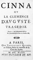 Pierre Corneillen (1606-84) Cinna ou la Clemence dAugusten otsikkosivu, julkaistu vuonna 1643