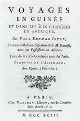 Paul Erdman Isertin julkaisun Travels in Guinea and the Caribbean Islands in America nimisivu, julkaistu 1743