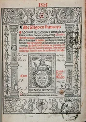Nimisivu Jean de Vigon (1460-1525) leikkauskirjasta 1525 (puupiirros)