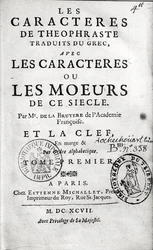 Theophrastuss Les Characteres ou les Moeursin otsikkosivu kääntänyt Jean de la Bruyere (1645-96) 1697