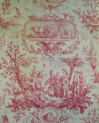Toile de Jouy (Jean-Baptiste Huetin 1772-1793 suunnittelun mukaan), kuvaa Ludvig XVI:n (1754-1793), Ranskan kuninkaan, vapauden palauttajan helmikuussa 1790 allegoriaa (painettu puuvilla)