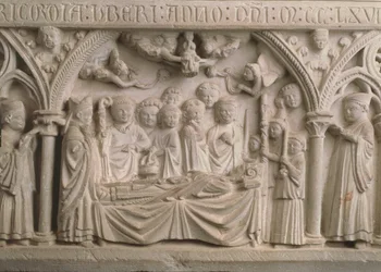 Piispa Radulphen hauta (k. 1266), yksityiskohta sarkofagista, joka kuvaa kulkuetta ja Radulphen sielun viemistä taivaaseen (katso myös 171276)