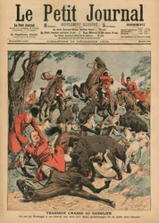 Traaginen villisikajahti: Portugalin kuninkaan Carlos I:n hevonen kuolee hänen allaan, kansikuvitus julkaisun "Le Petit Journal" kuvitettuun liitteeseen, 23. joulukuuta 1906