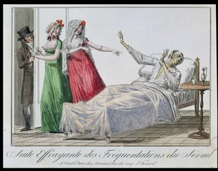 Traaginen seuraus bordelleissa käymisestä, pilakuva syfilisistä, n. 1800 (värikaiverrus)