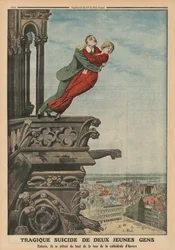 Kahden nuoren traaginen itsemurha Antwerpenin katedraalin tornista, "Le Petit Journal, supplément illustré" -lehden takakannen kuvitus, 11. toukokuuta 1913