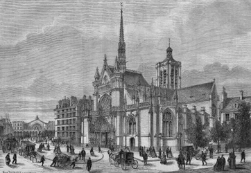 Pariisin muunnokset toisen imperiumin alaisina, Haussmann-Pariisi: näkymä Saint Laurentin kirkon uudelle uusgoottiselle julkisivulle, boulevard de Strasbourg, kunnosti arkkitehti Simon Claude Constant Dufeux (Constant-Dufeux) (1801-1870)