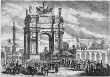 Pariisin muunnokset toisen imperiumin alaisuudessa, Haussmann Paris: voittokaari Napoleon III:n Boulevard du Prince Eugenen (nykyään Boulevard Voltaire) avajaisissa. Kaiverrus "" Le Monde Illustré" -julkaisussa nro 296, 13. joulukuuta 1862.