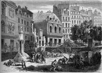 Pariisin transformaatiot toisen imperiumin alaisina, Haussmann Paris: temppelin teattereiden purkaminen Boulevard du Prince Eugenen (nykyään Boulevard Voltaire) lävistyksiä varten. Kaiverrus "" Le Monde Illustré" -julkaisussa nro 278, 9. elokuuta
