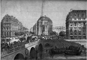 Pariisin muunnokset toisen imperiumin aikana, Haussmann Paris: näkymä Saint Michelin suihkulähteelle (1860) Boulevard de Sebastopol -kadulla. Kaiverrus "" Le Monde Illustré" -julkaisussa nro 175, 18. elokuuta 1860.