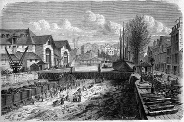 Pariisin muunnokset toisen imperiumin alaisina, Haussmann Paris: Saint Martinin kanavan vesistön laskemiseen tehdyt työt. Kaiverrus "" Le Monde Illustré" -julkaisussa nro 143, 7. tammikuuta 1860.