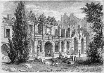 Pariisin muutokset toisen imperiumin aikana, Paris Haussmann: Orangerie du Luxembourgin purkaminen rue Soufflotin laajentamiseksi. Kaiverrus "" Le Monde Illustré "" -julkaisussa nro 276, 26. heinäkuuta 1862.