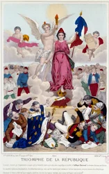 Tasavallan riemuvoitto, kaiverrus vuodelta 1875. Allegoria yleisestä äänioikeudesta, joka tuhoaa tasavallan viholliset: "[...] Mutta Ranska on suojassa heidän salaliitoltaan ja kulkee sivistyneiden kansojen kärjessä edistyksen ja vapauden tiellä".