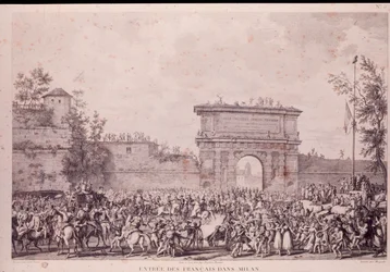 Napoleon Bonaparten johtamien ranskalaisten joukkojen riemuvoitto Milanossa 15. toukokuuta.