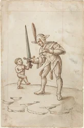 Käännä sivuun terävä miekka [fol. 44 recto], n.1512-1515 (kynä ja ruskea muste, vesiväri, liimapaperi).