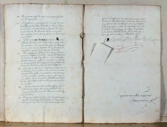 Kaksi sivua Ranskan Akatemian säännöistä, 1635 (muste paperille) (katso myös 179947)
