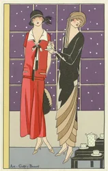 Kaksi naista juomassa teetä ja pukeutunut Jean Patoun ja Beerin suunnittelemiin Art-Goût-Beauté-pubista. 1924