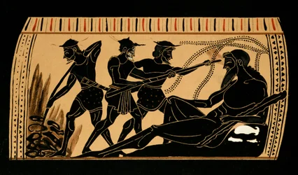 Odysseus ja hänen seuralaisensa puhkaisevat kyklooppi Polyfemoksen silmän, kuvitus antiikkisen kreikkalaisen maljakon mukaan, 1887