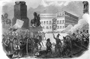 Kapina Bolognassa: Gregoire XVI:n paavin johtaman paavihallituksen kukistaminen vuosina 1831–1846. Maurice Lachatren kaiverrus "Histoire des Papes-Rois-Queen and Empereurs a travers les centuries"