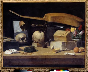 Vanitas Still Life (vanite) korttipakan, instrumentin ja kallon kanssa. Ranskalaisen koulun maalaus. 17. vuosisata. Aurinko 0,72x0,9 m