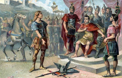 Gallialainen johtaja Vercingetorix antautuu Julius Caesarille vuonna 52 eaa.