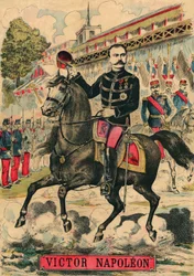 Victor Napoleon (1862-1926) Bonapartistien kannattajien johdossa, Napoleon I:n viimeinen perillinen joutui lähtemään maanpakoon kolmannen tasavallan vuonna 1886 hyväksymän lain vuoksi. Kaiverrus, Le Figaro -lehdessä 30.3.1889, Pariisi. Coll. Selva.