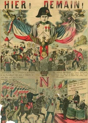 Victor Napoleon (1862-1926) Bonapartistien kannattajien johdossa, Napoleon I:n viimeinen perillinen joutui lähtemään maanpakoon kolmannen tasavallan vuonna 1886 hyväksymän lain vuoksi. Kaiverrus, Le Figaro -lehdessä 30.3.1889, Pariisi.