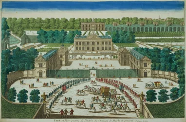 Näkymä ja perspektiivi Chateau of Marlyn sisäänkäynnistä, kaivertanut Antoine Aveline (1691-1743)