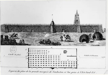 Näkymä ja suunnitelma Timbuktun suuresta moskeijasta, Rene Caillien (1799-1838) Journal dun voyage a Tombouctou -julkaisusta 1830
