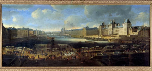 Näkymä Pariisiin Louvren rannikolta otettu Pont Neufin 1600-luvun ranskalaisen koulukunnan maalauksesta