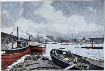 Näkymä Pariisiin, Seinen ja Villetten altaalle, Brunin akvarelli. 1889.