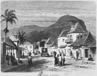 Näkymä Port Louisiin, rue Desforges, Mauritius, 1861