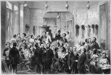 Näkymä "Cafe du Levant" -kadulle Genevessä, Pariisin kommuunin ja Lyonin kommuunin pakolaisten kohtaamispaikka. Vasemmalta oikealle ovat edustettuina: Masse, Sirdey, Andignous, Jules Frantz, Jules Moutils, Gaillard (isä ja poika), Perrare, J. Guesde, L.