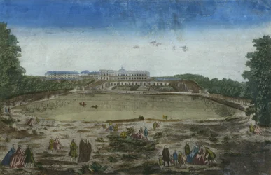 Näkymä linnalle ja Orangerielle Piece deau des Suissesista, Versailles, Ranska