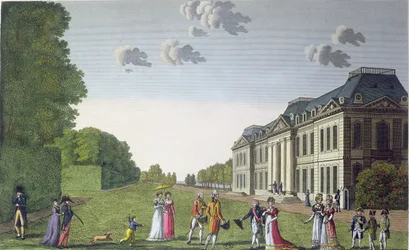 Näkymä Chateau de Bellevuelle puutarhasta, n. 1820 (värikaiverrus)