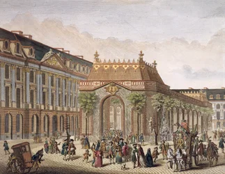 Näkymä Place de Louis le Grand -aukiolle, jossa yksi huoneista on rakennettu Monseigneur le Dauphinin hääjuhlaa varten (yksityiskohta 101866) (värikaiverrus)