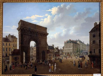 Näkymä Porte Saint Martinista Pariisissa 1700-luvun ranskalaisen koulun maalaus. Yksityinen kokoelma