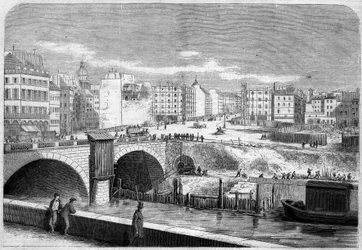 Näkymä Saint Michelin sillalle (Saint-Michel), joka rakennettiin vuonna 1857, ja Place Saint Michelille (Saint-Michel) Pariisissa