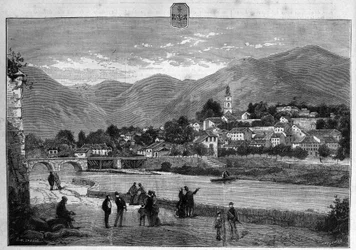 Näkymä Dignen kaupunkiin Ala-Alpeilla (Alpit). Kaiverrus vuodelta 1880 "La republique illustree" -yksityiskokoelmassa.