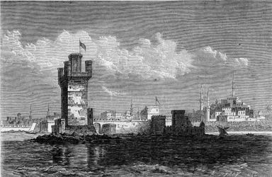 Näkymä Rodoksen kaupungista (Kreikka) ja neliön tornista Saint Michel (Saint Michel), joka tuhoutui maanjäristyksessä vuonna 1863. Kaiverrus "" Le Monde Illustré" -julkaisussa nro 320, 30. toukokuuta 1863.