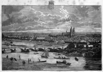 Näkymä Toursin kaupunkiin Indre et Loiressa. Kaiverrus vuodelta 1880 ”La republique illustree”” yksityiskokoelmassa.