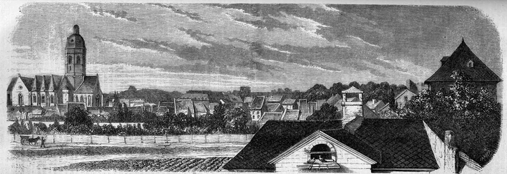 Näkymä Kastrichin kaupungin alueelta Mainzissa (Saksa), ennen ruutitynnyrin räjähdystä vuonna 1857. Valokuvasta. Kaiverrus "" Le Monde Illustré" -julkaisussa nro 36, 19. joulukuuta 1857.